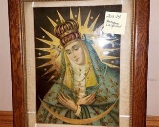 Antique laquered Madonna litho (some damage - new frame) $15