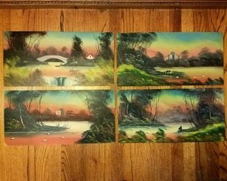 Vintage MCM set of 4 hand painted matching scenes 20" x 10" each $20 all. Now $10 all