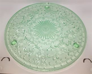 Vintage green depression glass 12.5" footed platter daisy sunflower pattern $10. Now $5