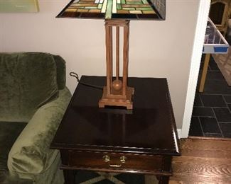 Pair of mission style lamps with stained glass shade.