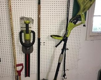 Rigid Cordless yard tools including hedge trimmer, 
weedeater, leaf blower, and car vacuum.  Tools sold separately.  2 chargers and batteries available for sale.