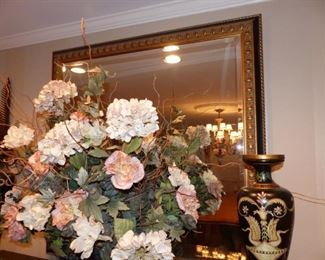 Silk flower arrangement, pair of vases & mirror