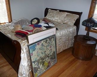 Sleigh Bed, Table and Leaded Lamp