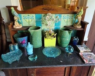 Art Nouveau Tile Insert Wash Stand & Majolica Ware 