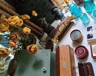 Antique Wooden Box & Glass Insulators