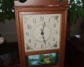 Antique Reverse Handpainted Wood Case Clock 