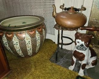 Large Asian Planter, Copper Tea Kettle, & Dog Figurine 