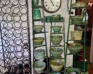 Large Collection Of Green-Glazed Pottery Wares Including Bowls (20th Century) (THE WINE IS NOT FOR SALE). Racks Have Sold. 
