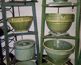 Large Collection Of Green-Glazed Pottery Wares Including Bowls (20th Century). Racks Sold. 