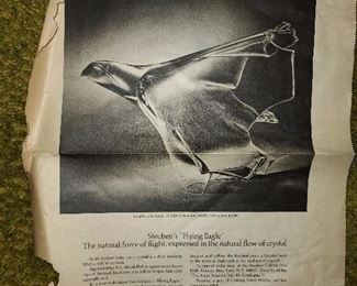ORIGINAL STEUBEN GLASS "THE FLYING EAGLE" WITH ORIGINAL CERTIFICATE OF AUTHENTICITY & NEWSPAPER AD 