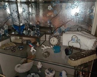 Assorted Bathroom Contents Including Designer Perfume, Kosta Boda Figurines, Etc. 