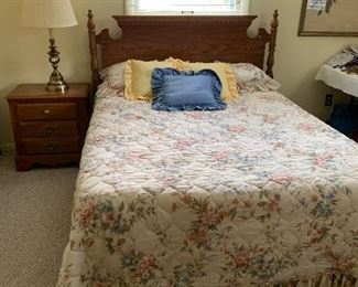 #37 Broyhill full/queen oak headboard with mattress, box spring and bedding set $75.00
#38 Broyhill bedside table 23"x15"x24" $40.00