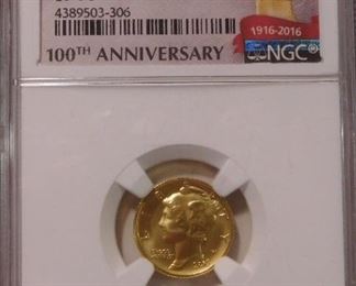 2016 W 24 Kt Gold Mercury Dime - SP 70