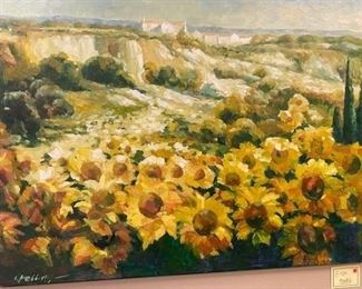 oil painting on stretched canvas, 30 x 40 inches. Field of sunflowers.  WAS $1,500; NOW $200
