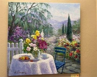 oil painting on stretched canvas, approx 24 x 28 inches. Garden tea by Torrens. WAS $900, NOW $200.