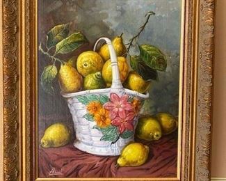 oil painting on stretched canvas, 12 x 16 inches. Still life with basket by Albert. WAS $1,400; NOW $300. 
