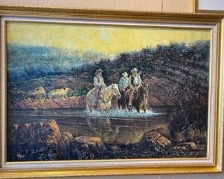 Framed oil on canvas, Cowboys, 24 x 36 inches. WAS $500. NOW $100