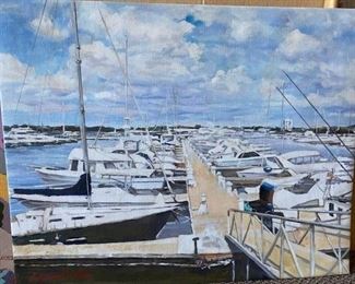 Unstretched oil on canvas, boats docked, 20 x 24 inches. WAS $550. NOW $75