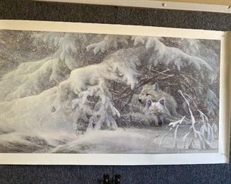 Giclee on canvas by Duane Geisness, Wolves in Winter, unframed. 21 x 40 inches. NOW $275, firm price.