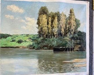 Oil painting on unstretched canvas, River Scene by H. Lawson. 20 x 24 inches. NOW $100