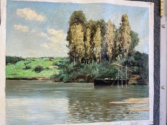 Oil painting on unstretched canvas, River Scene by H. Lawson. 20 x 24 inches. NOW $100