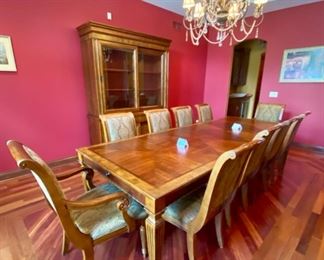 Lot 1501 Asking $4,250.00 Ethan Allen Townhouse Dining Table and 10 Chairs. Shown with 2 Leaves