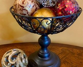 Lot 1503 $75.00 Metal Footed Basket with 7 Assorted Decorative Spheres, 12" H x 12" Diameter.