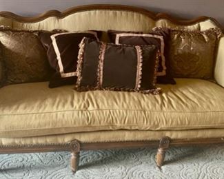 Lot 1504 Asking $1.200.00 obo. Victorian Style Sofa with Single Seat Cushion on wood frame, arm rests and frame Orig. Pd. $3,500.00 84" x 36" D x 21" H to Seat Cushion. I wish I knew the name of this fabric, but it's sensational.