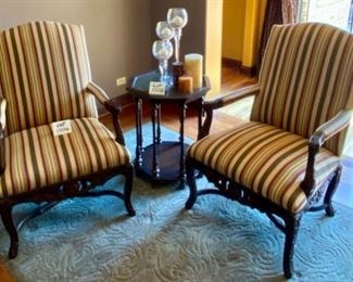Lot 1506 $425.00 Ea or $800.00 for Pair. Pair of Upholstered Chairs "Manchester" Beautiful Premium Striped Fabric "Wispy Rust" with Nail Heads and Padded, Carved Arms and Base from StrawflowerShop in Geneva, IL Made by Sherrill Orig. $1472.00 ea.. 42.5" H Back x 21.5" D x 25.5 W Seat x 17" H