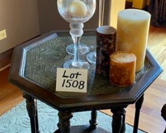 Lot 1508 Asking $325.00 Very Cool Designer Side Octagonal Table with 8 Spindles and interesting Design on Top with Bottom Shelf. Orig. Pd $800.00. 22.25" W x 26.5" H