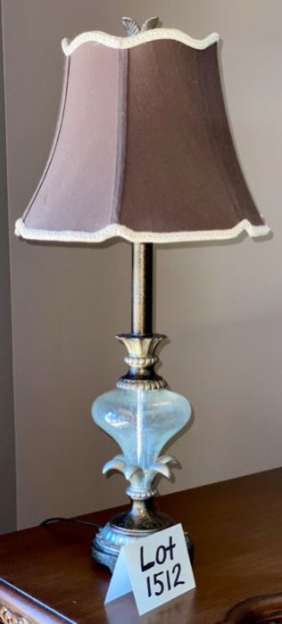 Lot 1512 $40.00 Table Lamp with A Glass Bulb on Stem and Brown with Tan Fringe on Shade. 26.5" H