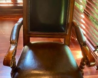 Lot 1519 Asking $275.00 Leather Desk Chair with Nail Head Trim, Leather Seat and Back, Padded Arm Rests with Wood Frame and Pedestal Base with 4 Casters. Orig. Pd, $623.36. 44" H Back Rest, x 21" Seat W x 20" Seat D x 19" Seat H