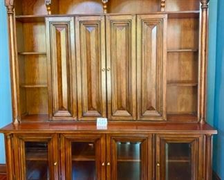 Lot 1520 Asking $900.00. Stunning 2 Piece Office Credenza/Console and Hutch with Room for Large HDTV (50- 55"), Book Shelves, Display Space and Storage with Glass Doors on Credenza from Walter E. Smithe. Orig Paid $3100.00. 83" L x 22.75" D and 96" H