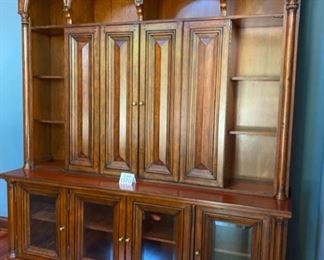 Lot 1520 Asking $900.00. Stunning 2 Piece Office Credenza/Console and Hutch with Room for Large HDTV (50- 55"), Book Shelves, Display Space and Storage with Glass Doors on Credenza from Walter E. Smithe. Orig Paid $3100.00. 83" L x 22.75" D and 96" H