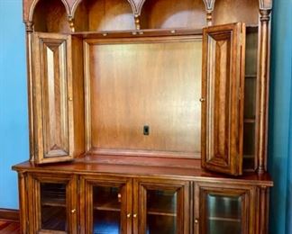 Lot 1520 Asking $900.00. Stunning 2 Piece Office Credenza/Console and Hutch with Room for Large HDTV (50- 55"), Book Shelves, Display Space and Storage with Glass Doors on Credenza from Walter E. Smithe. Orig Paid $3100.00. 83" L x 22.75" D and 96" H