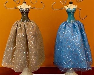 Lot 1527 $12.00 Pair of Jewelry Stands with Dresses. 15" H x 3" Base. Very Cute!