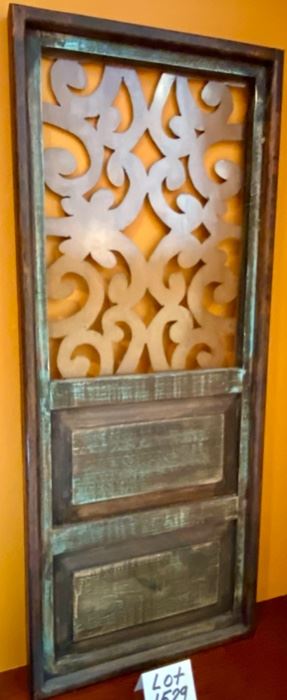 Lot 1529 $75.00 Barn-Style Wood Door and Copper Metal Design Element with Hanging Brackets. 48" T x 20" W