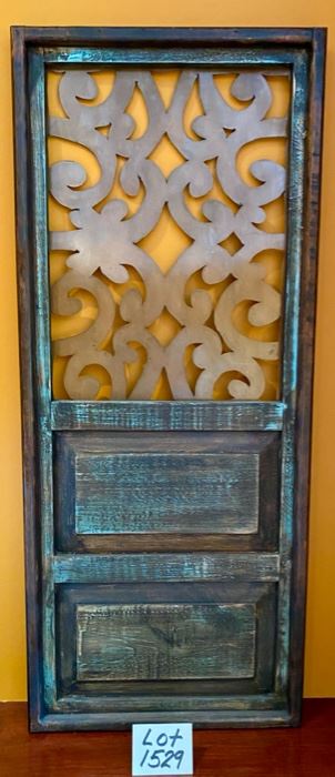 Lot 1529 $75.00 Barn-Style Wood Door and Copper Metal Design Element with Hanging Brackets. 48" T x 20" W