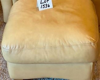 Lot 1536. $375.00 Matching Tan Leather Oversized Chair & Ottoman with Rolled Arms and Attached Comfy Cushions in Great Shape and Color 46" W x 40" H x 38" D, Cushion 24" D x 17" H x 21" W