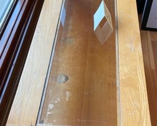 Lot 1540 $105.00 Matching Sofa Table with Beveled Glass Top and Middle Shelf, The top can use some TLC. I find Lemon Oil does help.