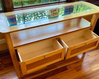 Lot 1539 $105.00 Matching Side Table with 18" Square Beveled Glass Top and Middle Shelf, Finished in Maple and Cherry Veneers, The Top Surface shows wear and rough spots by Riverside Furniture 26" Square x 24" H