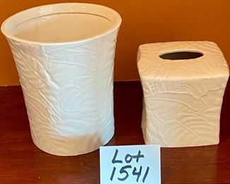 Lot 1541 $ 30.00 2 Pc Lot. Like New Island Mist Tissue Cover in White and Island Mist Waste Basket form Linens N Things. Tissue: 6" H x 6.5" W. Basket 9" H x 8.5" Diameter i