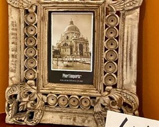 Lot 1543 $28.00 2 Pc Lot. Lite Frame Small Chalk Board with Wood Frame and Metal Decorative Top From the World Market. Intricate Composite Frame for 4" x 6" Photo in Brown and Tan Shades from Pier 1. Chalk: 17" W by 13.5" H.