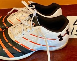 Lot 1545. $18.00 Pair of Under Armor "Man Mapper" Athletic Shoes with Orange Stripes, Scuff marks Visible. USA Size 7