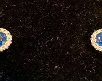 Lot 1547 $95.00 14k white gold, diamond chips, round blue sapphires flanked by tiny diamonds stud earrings from Macy's, lightly worn.