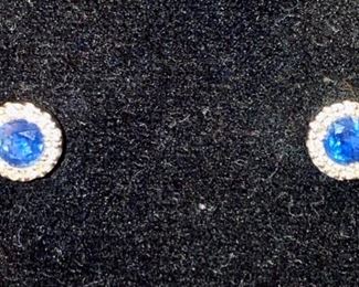 Lot 1547 $95.00 14k white gold, diamond chips, round blue sapphires flanked by tiny diamonds stud earrings from Macy's, lightly worn.