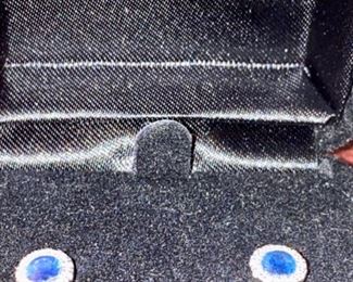 Lot 1547 $95.00 14k white gold, diamond chips, round blue sapphires flanked by tiny diamonds stud earrings from Macy's, lightly worn.