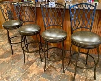 Lot 1962 $360.00. Set of 4 30" Premier Atrium Rounded Seat Swivel Bar Stools made of Wrought Iron with Full Back Support, Interwoven Lattice Pattern Back in Autumn Rust Finish and Coffee Colored Vinyl Upholstery. 30" H Seat, 18" Diameter Seat, 46" H on Back Rest