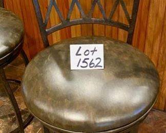 Lot 1962 $360.00. Set of four 30" Premier Atrium Rounded Seat, Swivel Bar Stools made of Wrought Iron with Full Back Support, Interwoven Lattice Pattern Back in Autumn Rust Finish and Coffee Colored Vinyl Upholstery. 30" H Seat, 18" Diameter Seat, 46" H on Back Rest