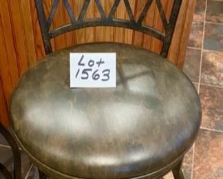 Lot 1563. $180.00. Set of two Premier 30" Atrium Rounded Swivel Bar Stools made of Wrought Iron with Full Back Support, Interwoven Lattice Pattern Back in Autumn Rust Finish and Coffee Colored Vinyl Upholstery. 30" H Seat, 18" Diameter Seat, 46" H on Back Rest